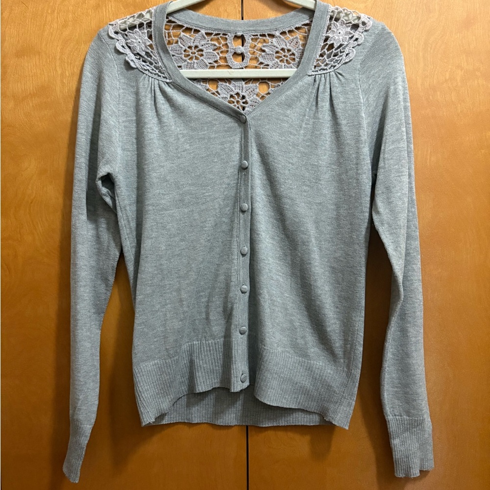 Gray Button-Up Tee with Lace Detail